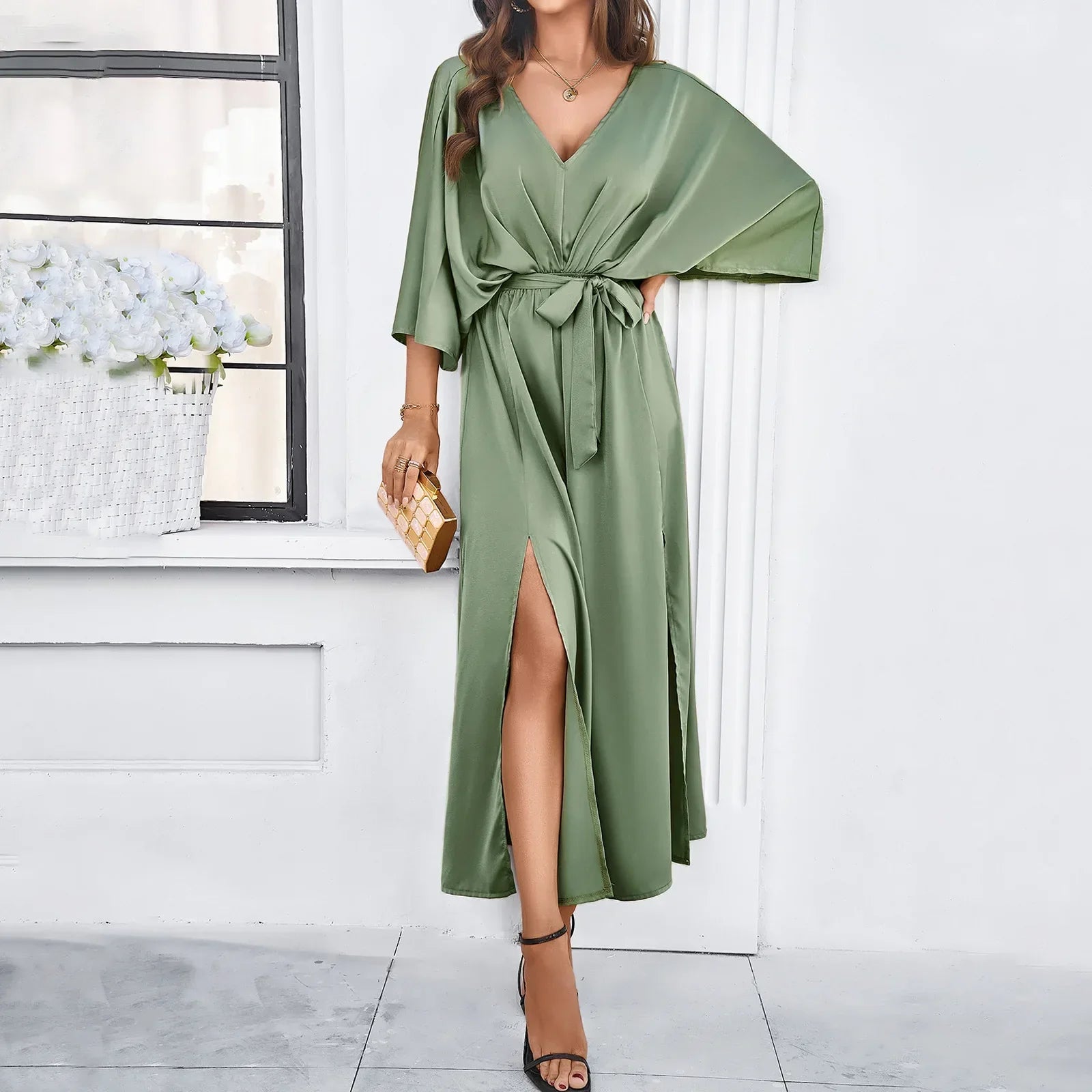 Vestido Midi de Malha com Elastano Decote v Manga Morcego Lenogue Verde / p