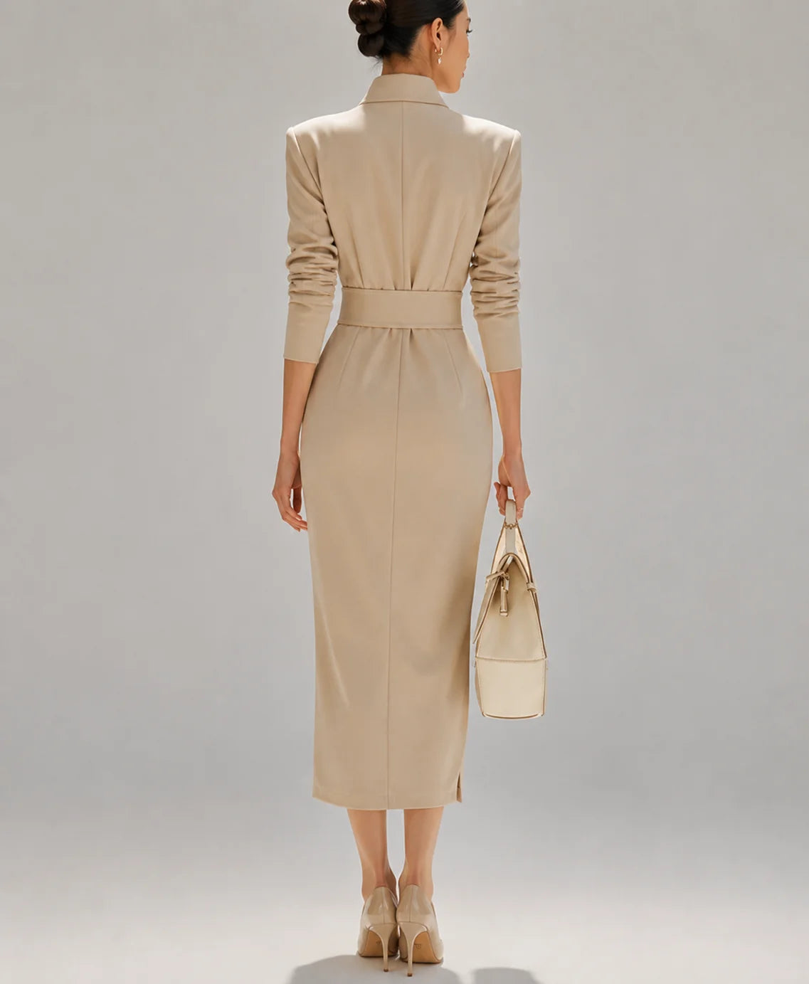 Vestido Midi de Malha Decote v Manga Longa Lenogue