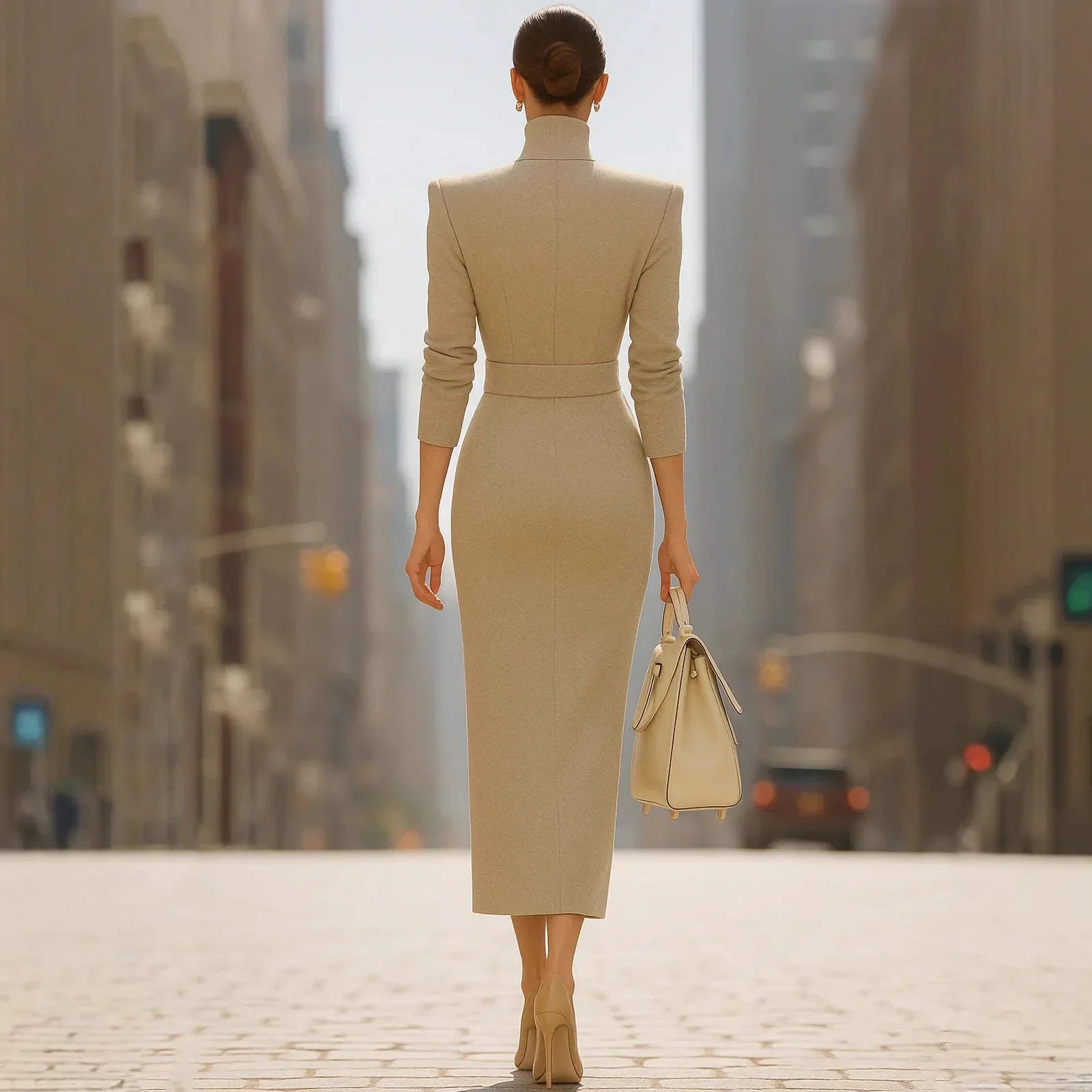 Vestido Midi de Malha Decote v Manga Longa Lenogue