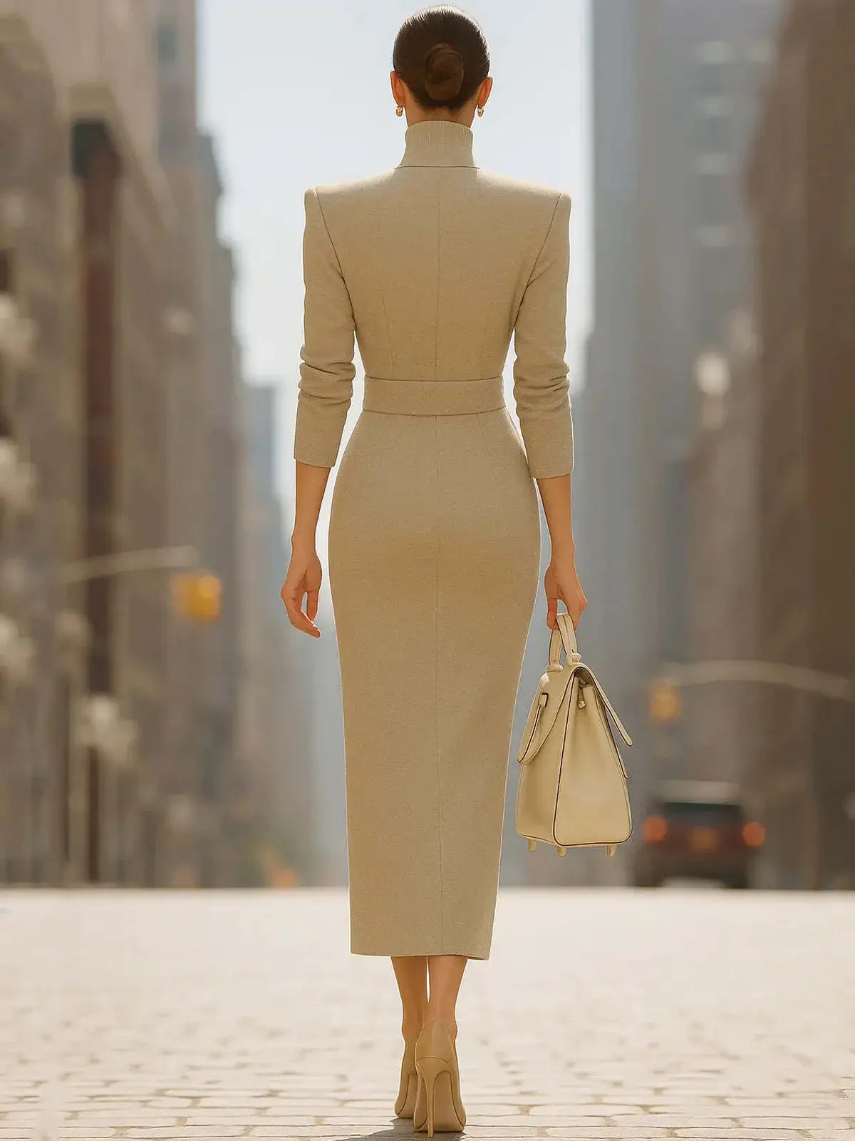 Vestido Midi de Malha Decote v Manga Longa Lenogue