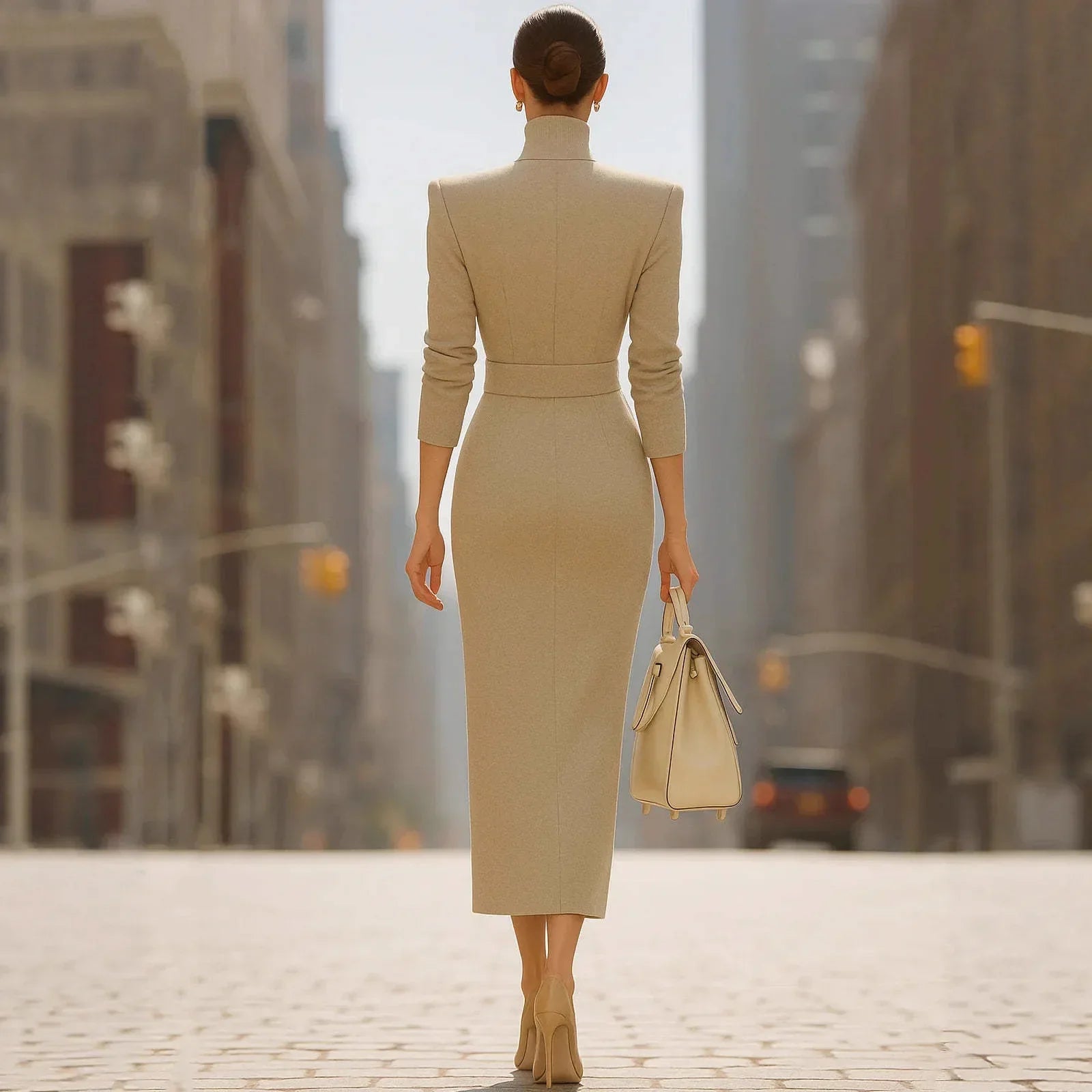 Vestido Midi de Malha Decote v Manga Longa Lenogue