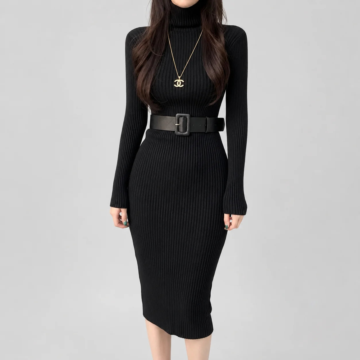 Vestido Midi de Tricot Gola Alta com Cinto Bodycon Raffiné Lenogue Preto / único