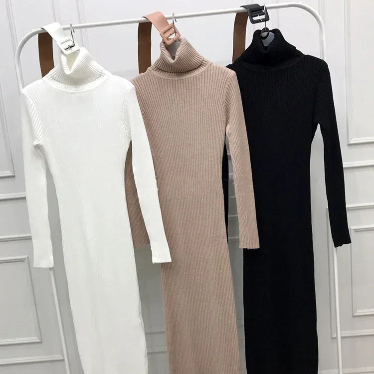 Vestido Midi de Tricot Gola Alta com Cinto Bodycon Raffiné Lenogue