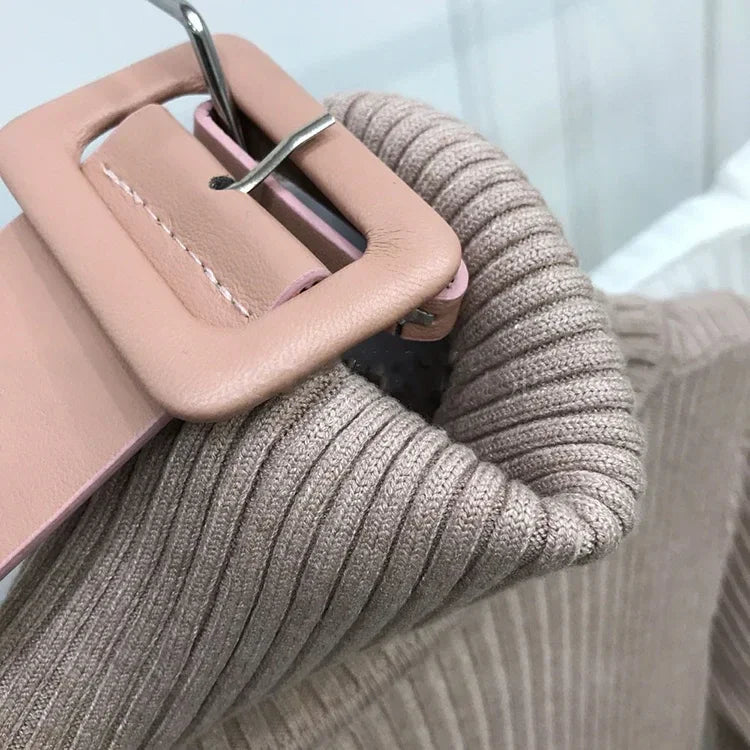 Vestido Midi de Tricot Gola Alta com Cinto Bodycon Raffiné Lenogue