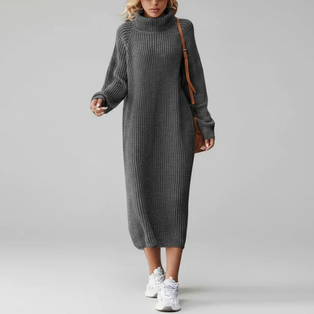 Vestido Midi de Tricot Gola Alta com Manga Longa Solto Allure Lenogue Cinza / Pp