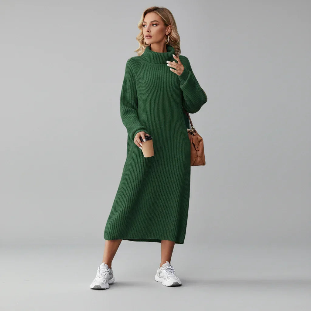 Vestido Midi de Tricot Gola Alta com Manga Longa Solto Allure Lenogue Verde / Pp