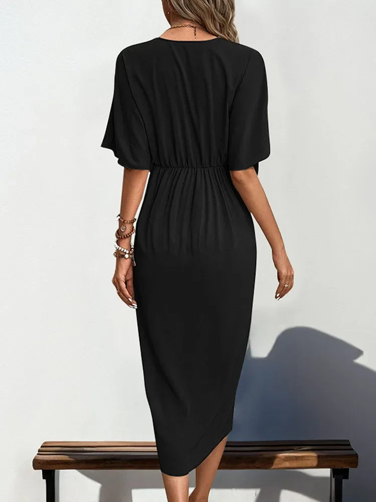 Vestido Midi Envelope Tubinho Decote v Franzido Lenogue