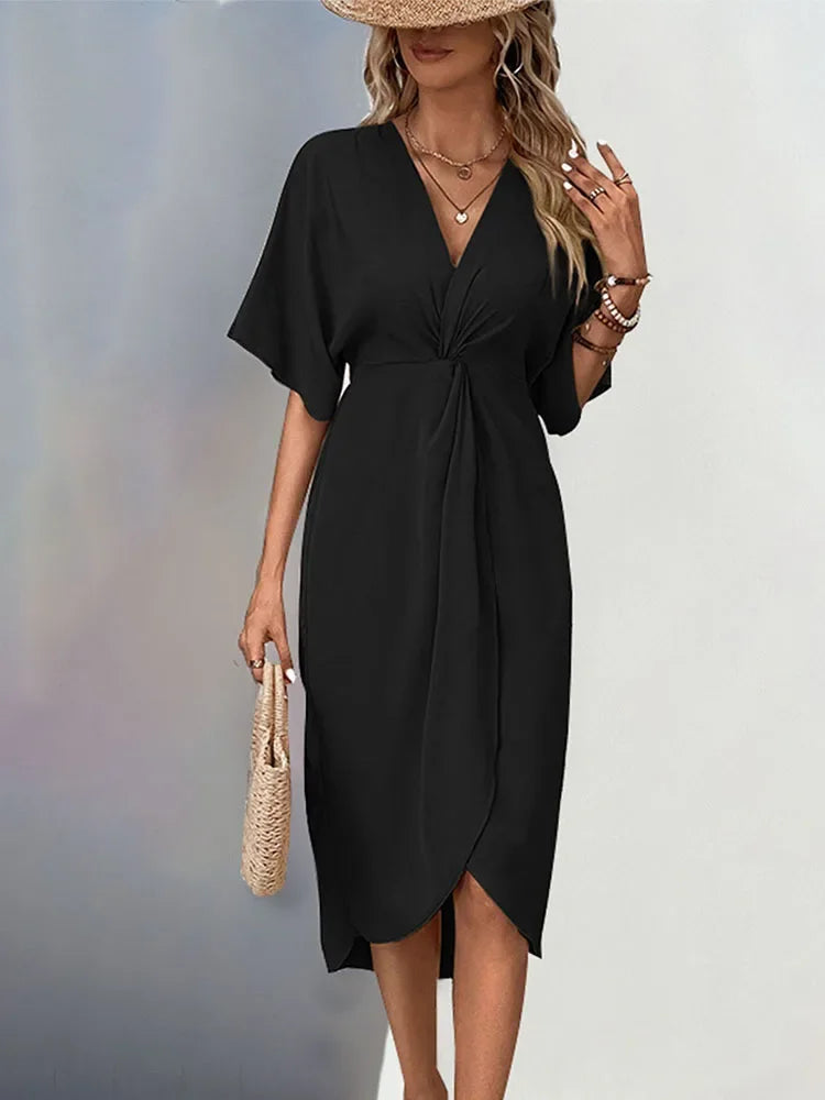 Vestido Midi Envelope Tubinho Decote v Franzido Lenogue Preto / p