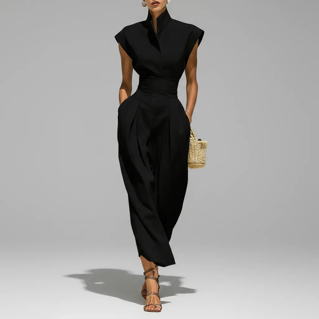 Vestido Midi Gola Alta Plissado Slim Bolsos Cintura Chic Lenogue Preto / p