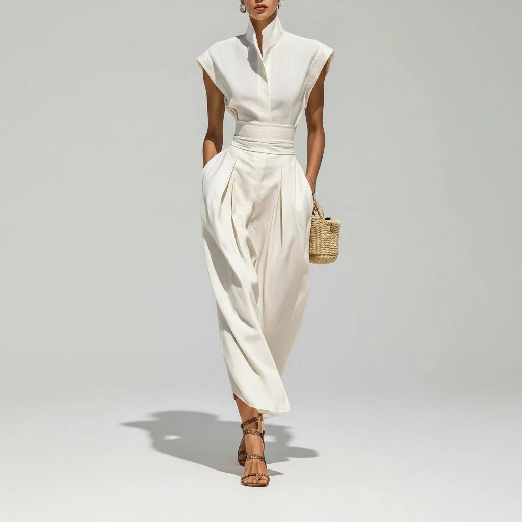Vestido Midi Gola Alta Plissado Slim Bolsos Cintura Chic Lenogue Branco / p