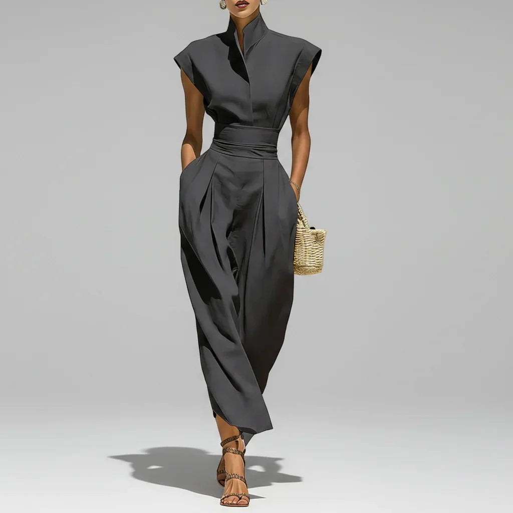 Vestido Midi Gola Alta Plissado Slim Bolsos Cintura Chic Lenogue Cinza / p