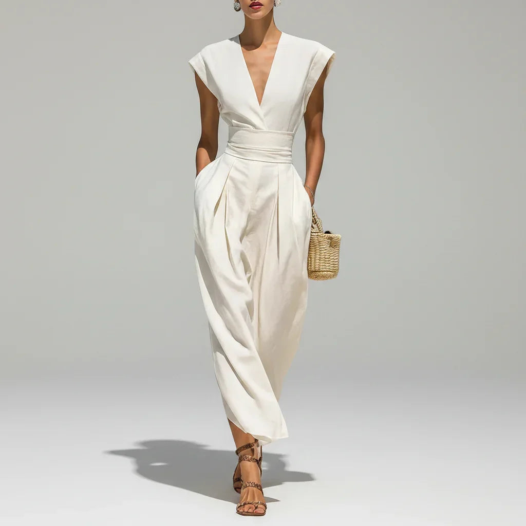 Vestido Midi Gola Alta Plissado Slim Bolsos Cintura Chic Lenogue Branco / p