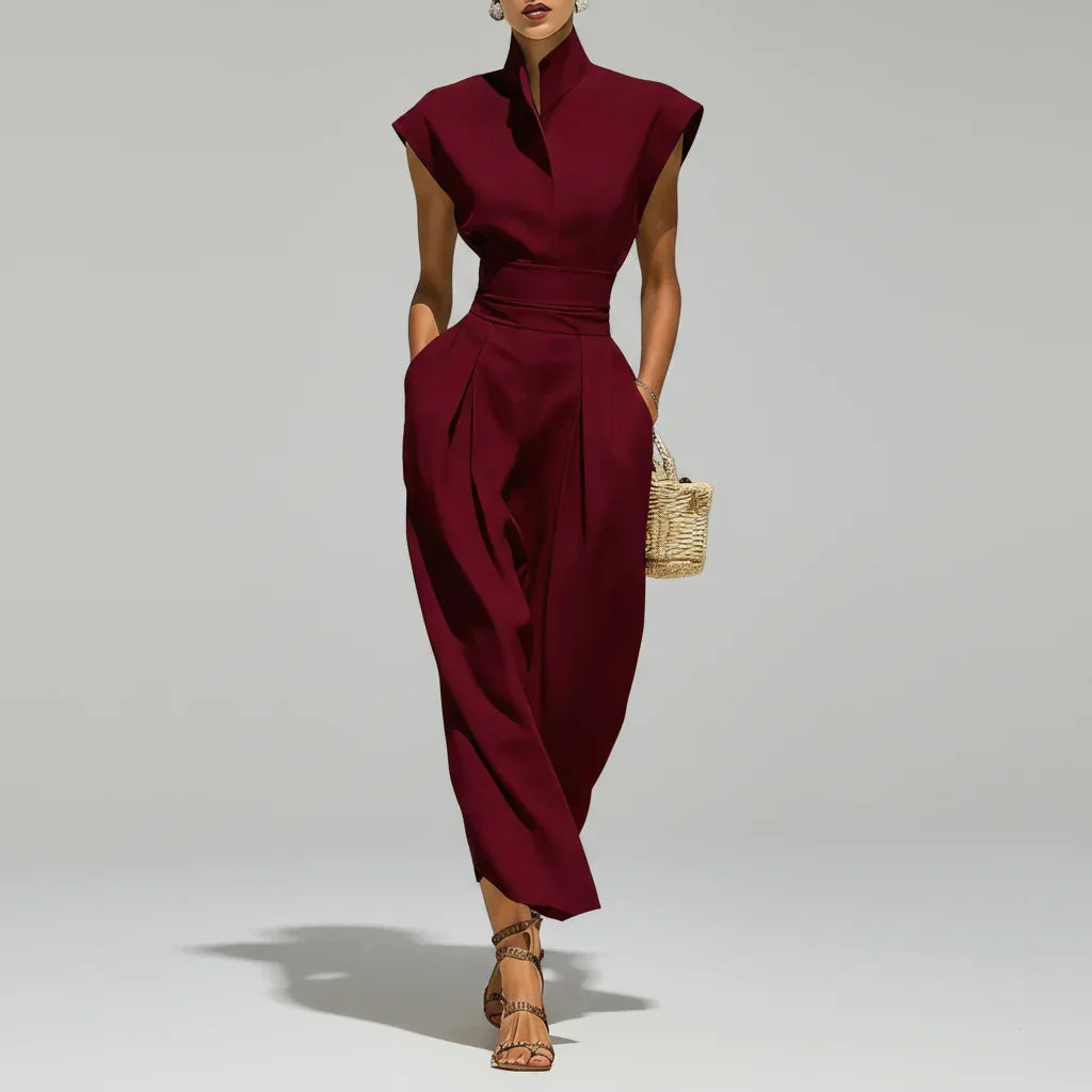 Vestido Midi Gola Alta Plissado Slim Bolsos Cintura Chic Lenogue Vermelho / p