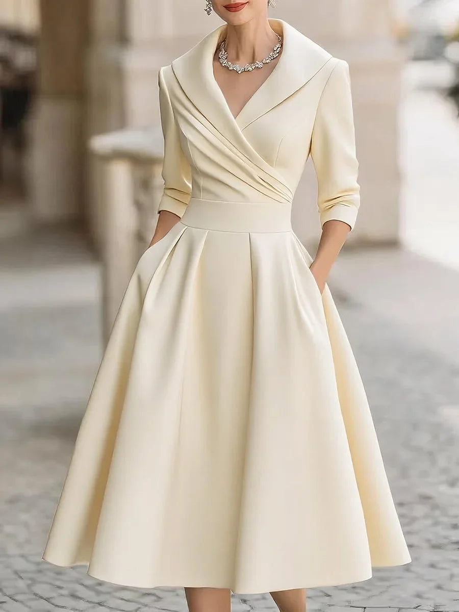 Vestido Midi Gola Lapela Cintura Marcada Manga Três Quartos Lenogue