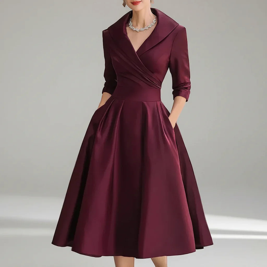 Vestido Midi Gola Lapela Cintura Marcada Manga Três Quartos Lenogue Vermelho / Pp