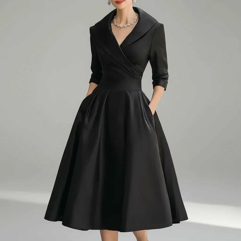 Vestido Midi Gola Lapela Cintura Marcada Manga Três Quartos Lenogue Preto / Pp