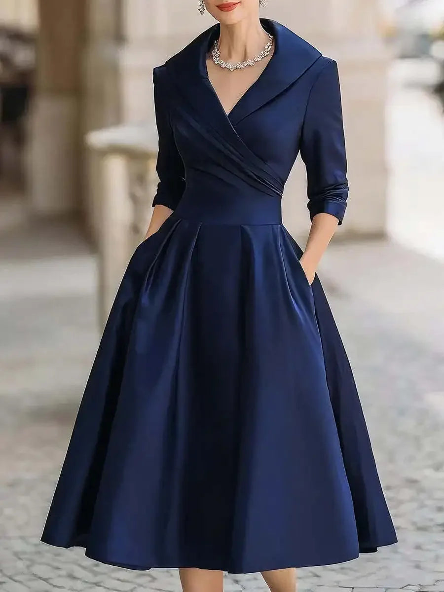 Vestido Midi Gola Lapela Cintura Marcada Manga Três Quartos Lenogue