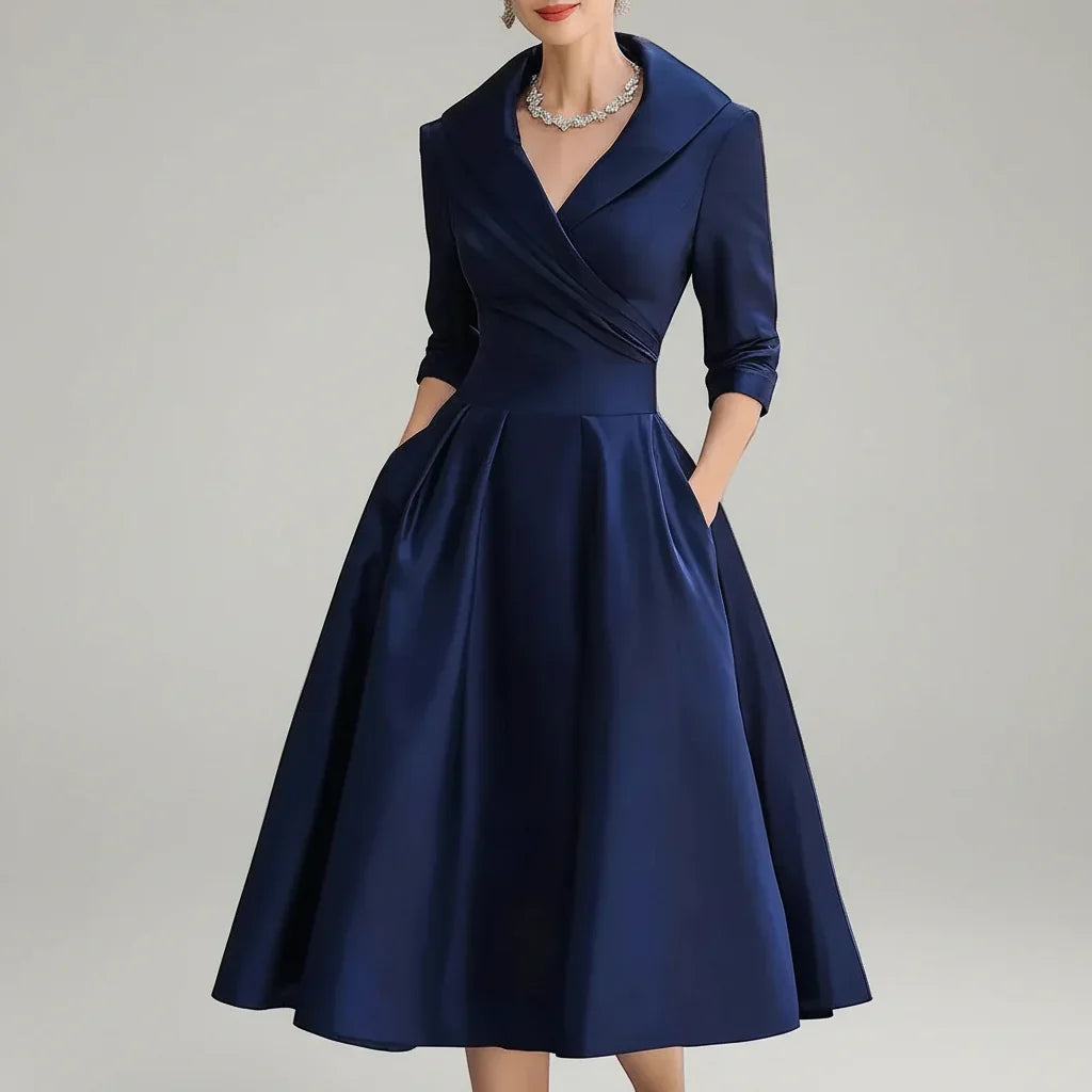 Vestido Midi Gola Lapela Cintura Marcada Manga Três Quartos Lenogue Azul / Pp