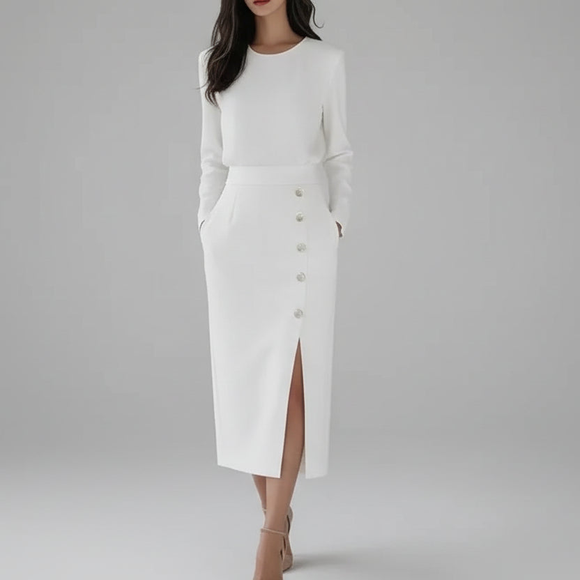 Vestido Midi Gola Redonda Manga Longa com Botões Fenda Lenogue Branco / p