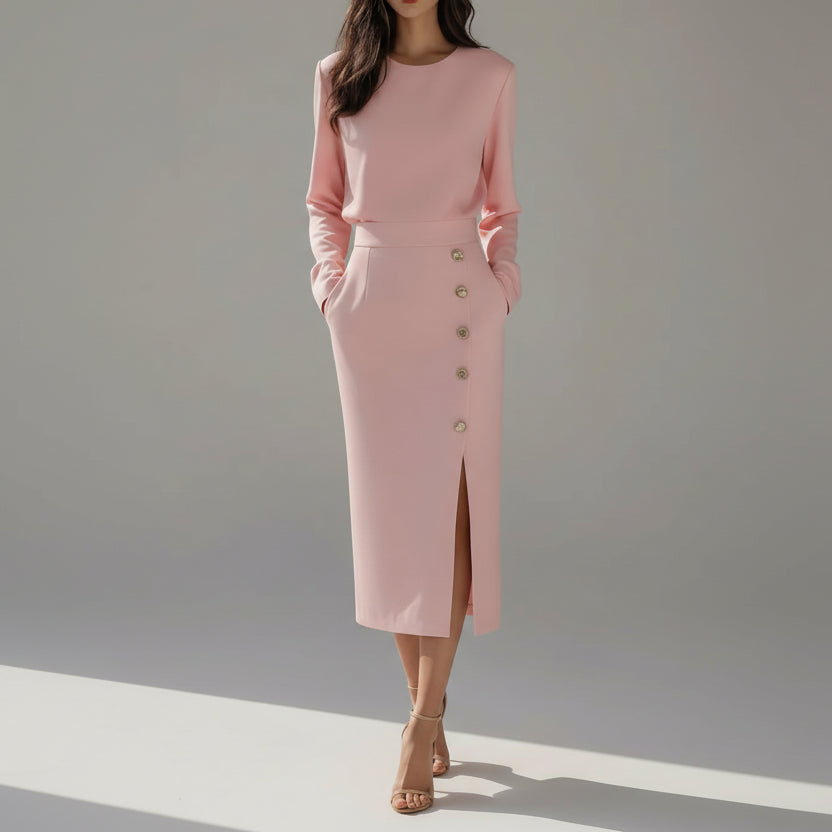 Vestido Midi Gola Redonda Manga Longa com Botões Fenda Lenogue Rosa / p