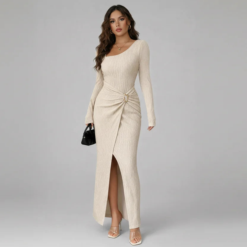 Vestido Midi Malha Texturizada Paetês Barra Assimétrica Lenogue Bege / p