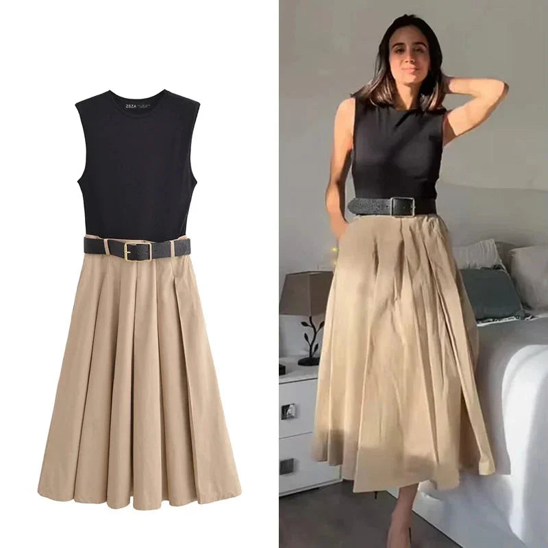 Vestido Midi Plissado em Tricot com Cinto para Festas Lenogue