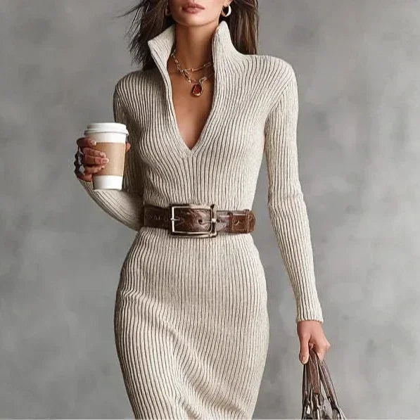Vestido Midi Tricot Gola Alta com Cinto Ajustável Lenogue