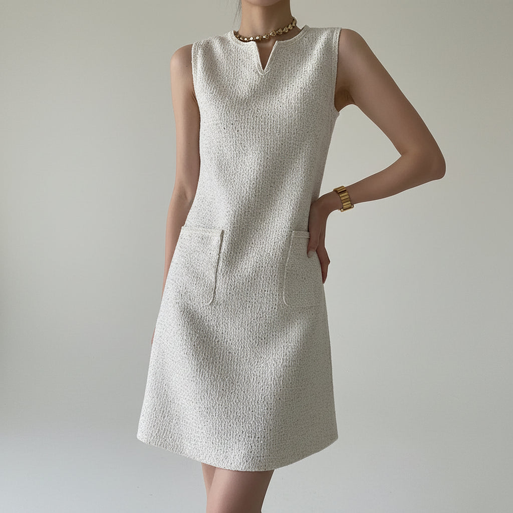 Vestido Tweed sem Mangas Bordado em Paetês Lenogue Branco / p