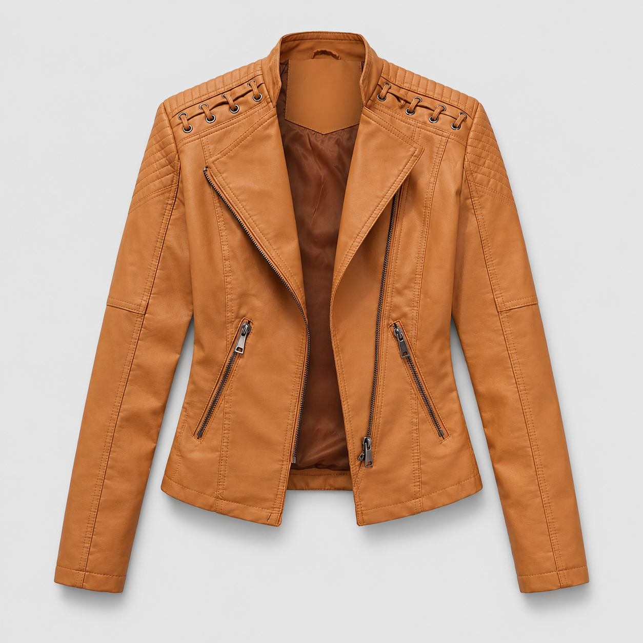 Jaqueta Couro Sintético Moto Biker Gola Alta Slim Chic Lenogue Caramelo / p