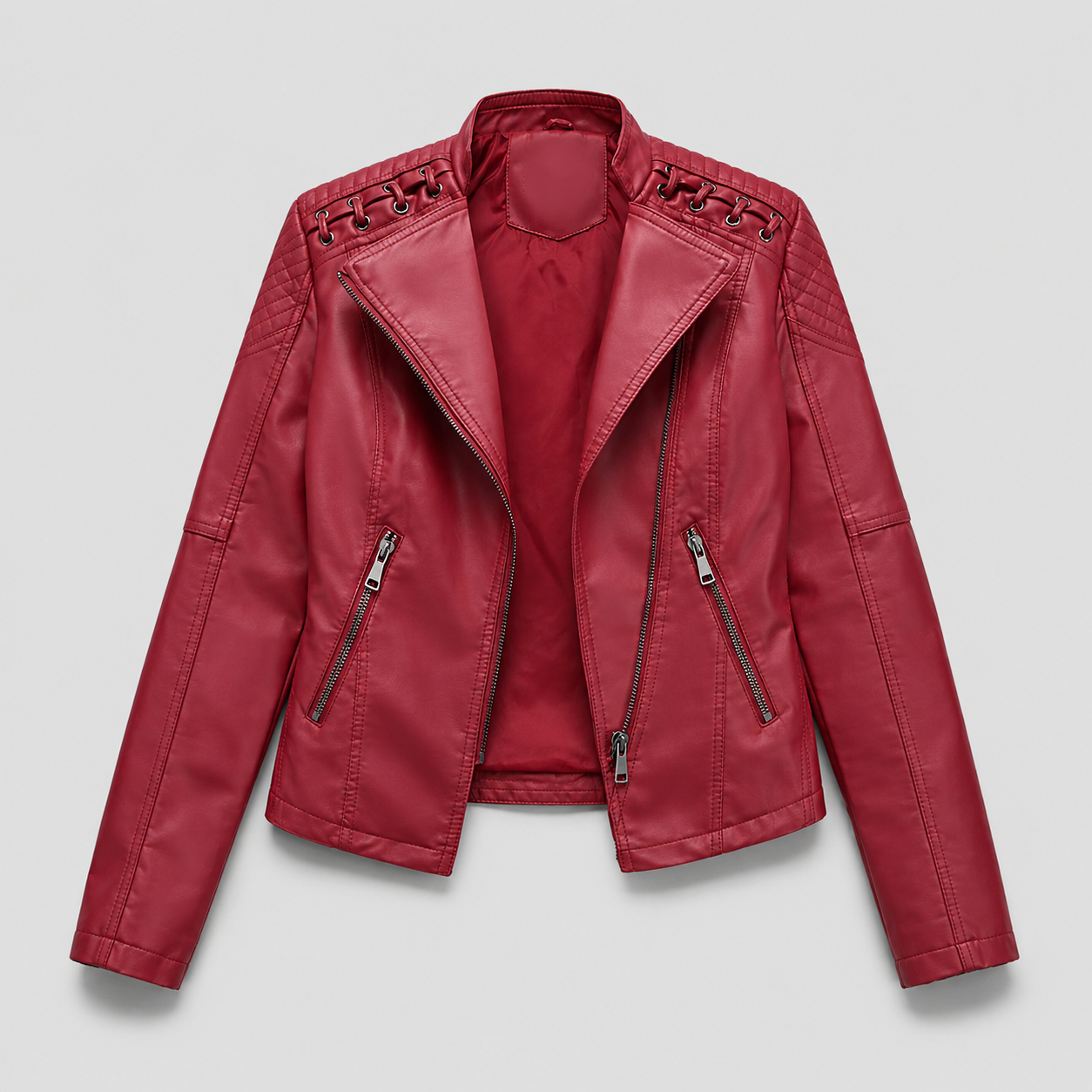 Jaqueta Couro Sintético Moto Biker Gola Alta Slim Chic Lenogue Vermelho / p