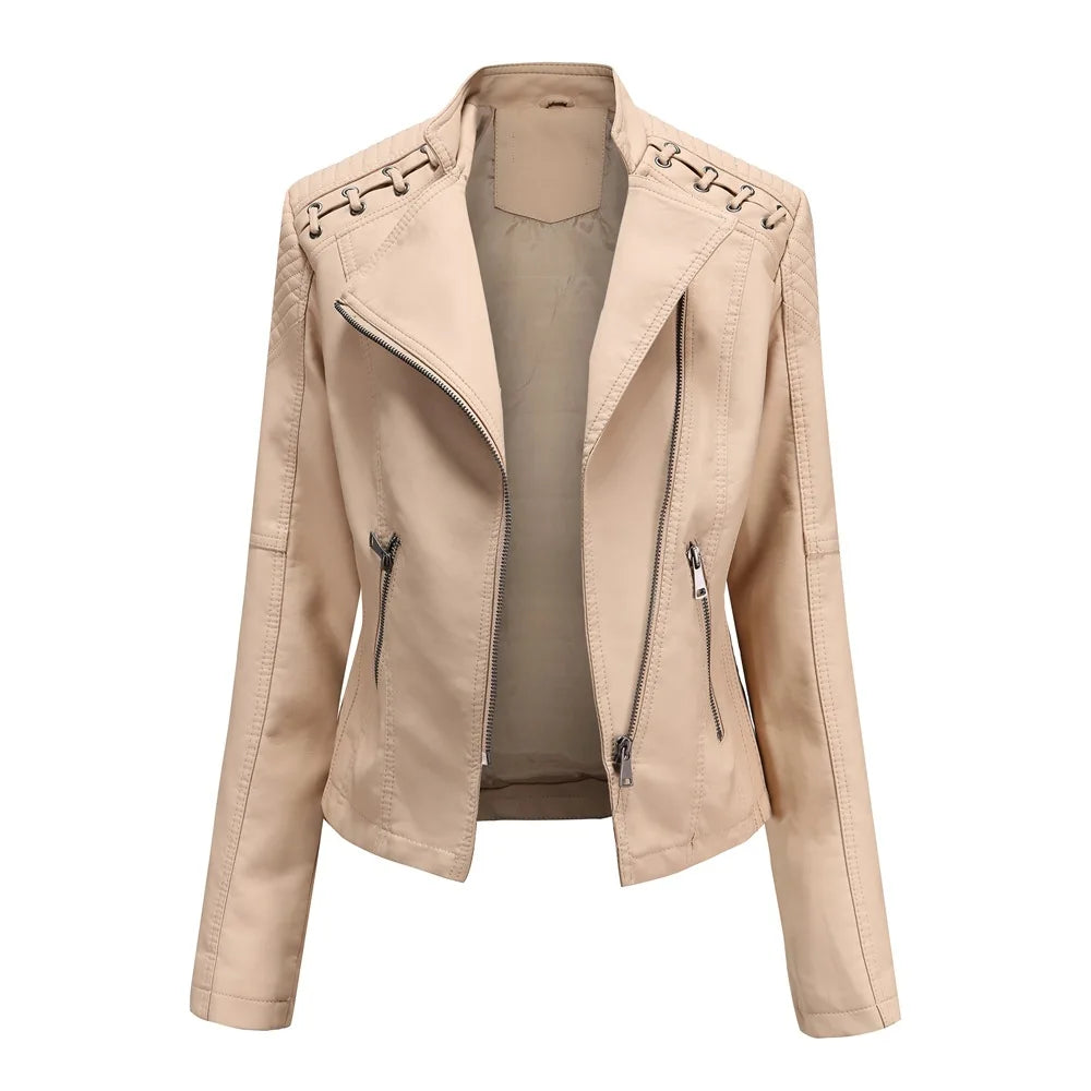 Jaqueta Couro Sintético Moto Biker Gola Alta Slim Chic Lenogue