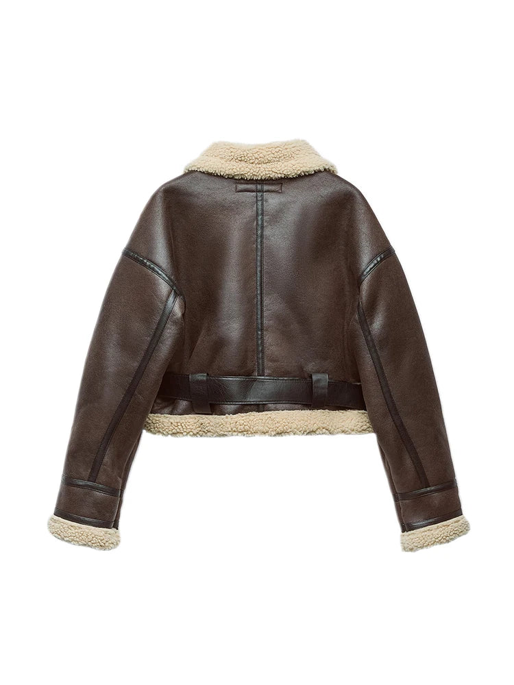 Jaqueta Pelúcia Faux Fur Zipper Ombro Caído Vintage Chic Lenogue