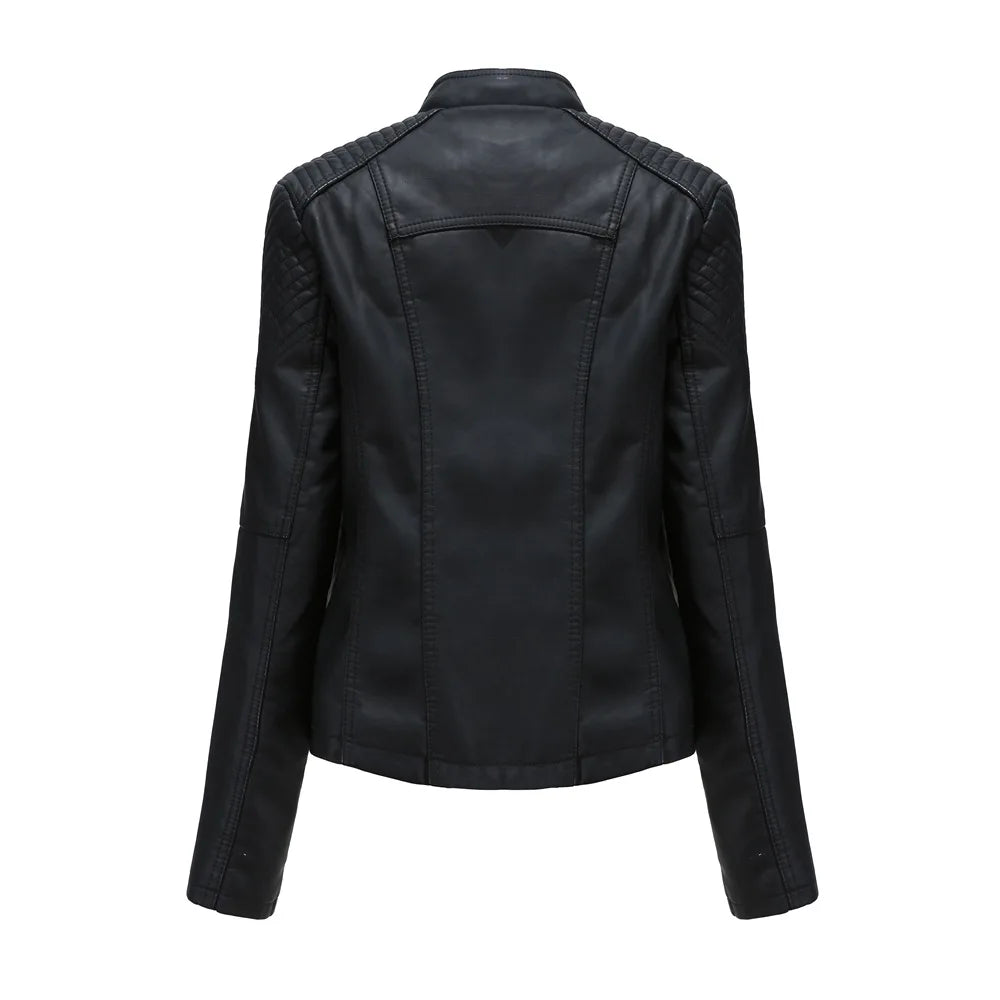 Jaqueta Couro Sintético Moto Biker Gola Alta Slim Chic Lenogue