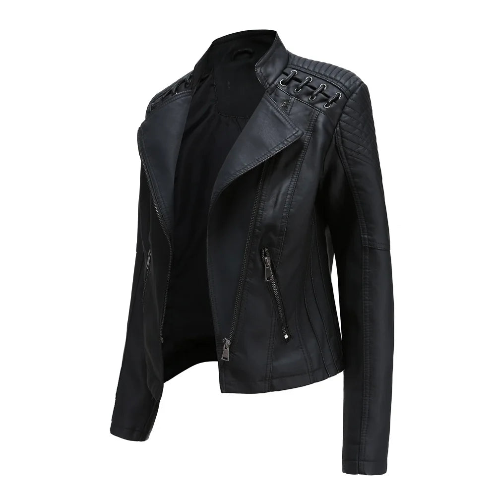 Jaqueta Couro Sintético Moto Biker Gola Alta Slim Chic Lenogue
