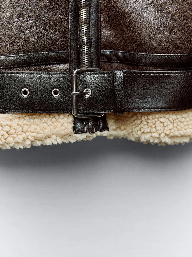 Jaqueta Pelúcia Faux Fur Zipper Ombro Caído Vintage Chic Lenogue