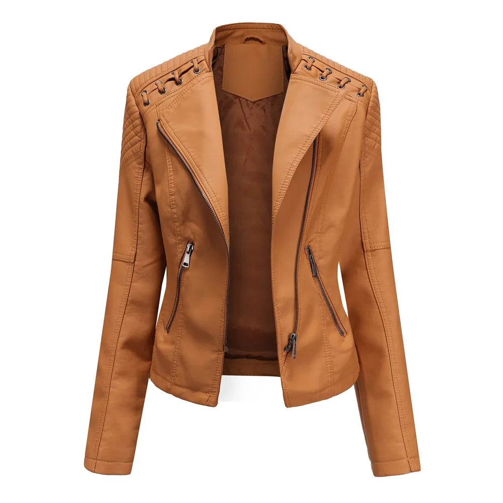Jaqueta Couro Sintético Moto Biker Gola Alta Slim Chic Lenogue