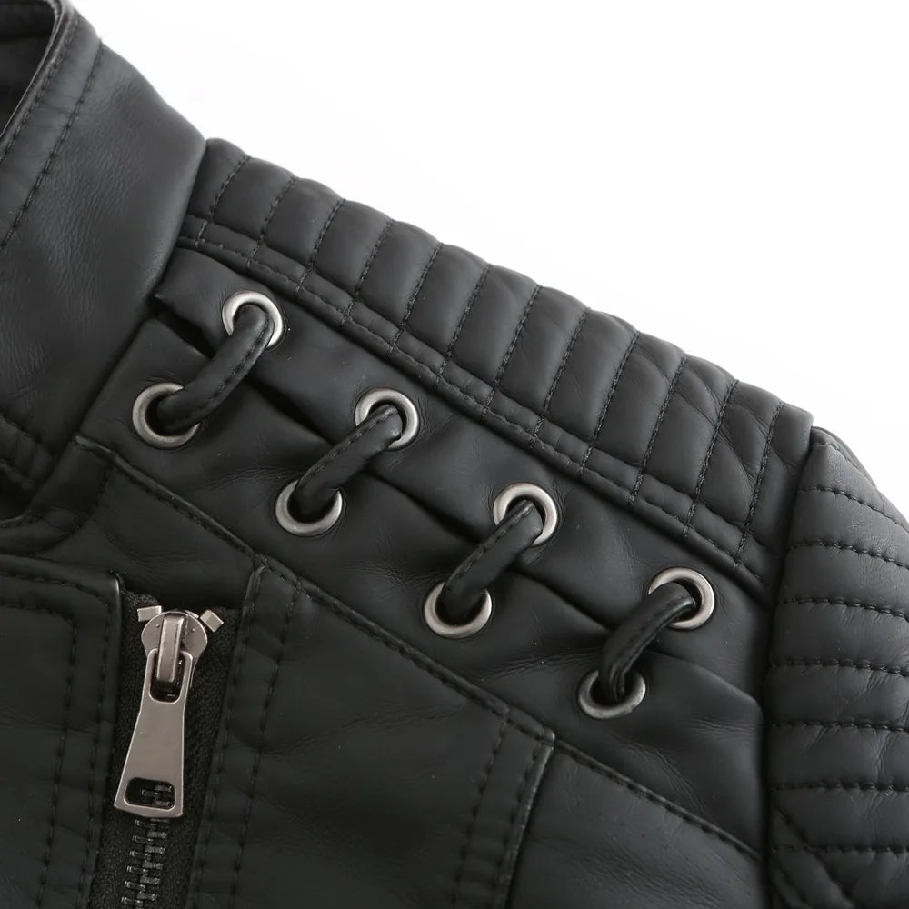 Jaqueta Couro Sintético Moto Biker Gola Alta Slim Chic Lenogue