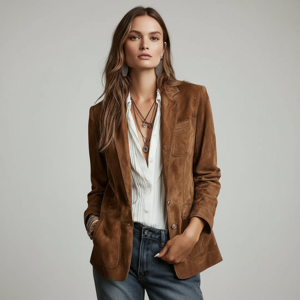 Blazer Camurça Sintética Gola Lapela Botão único Lenogue Marrom / p