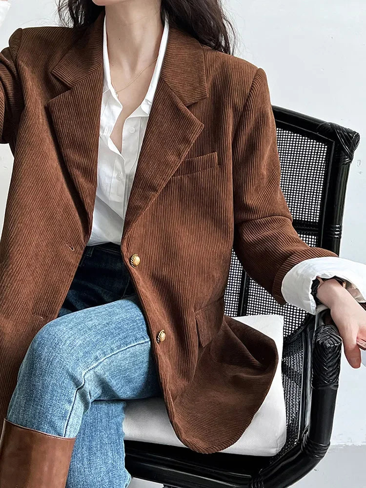 Blazer de Veludo Cotelê Marrom com Botões Vintage Raffiné Lenogue