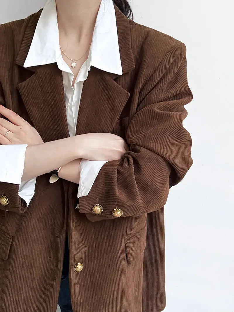Blazer de Veludo Cotelê Marrom com Botões Vintage Raffiné Lenogue
