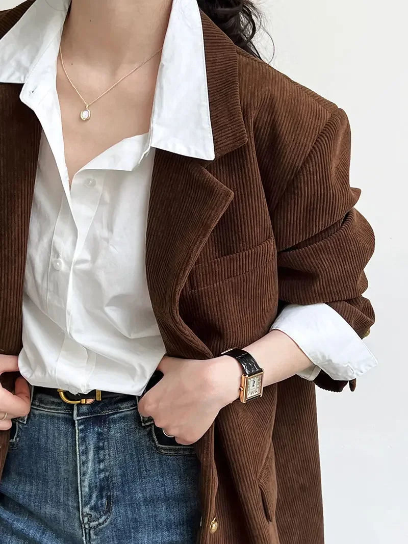 Blazer de Veludo Cotelê Marrom com Botões Vintage Raffiné Lenogue