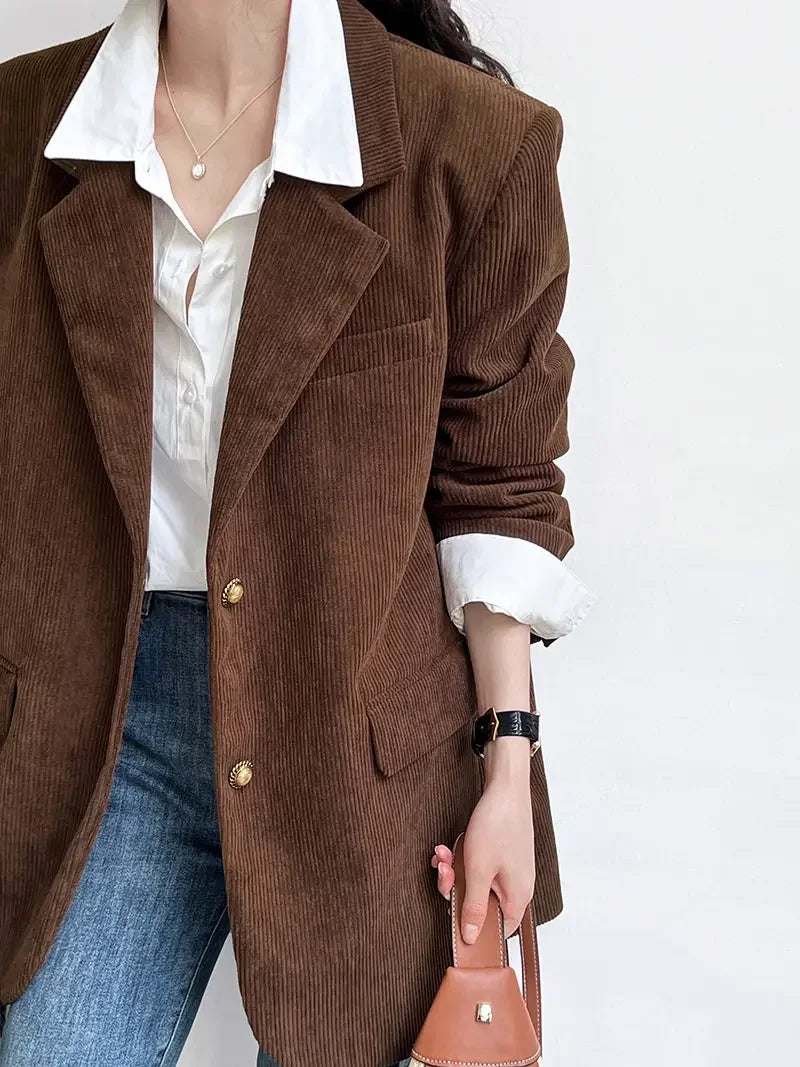Blazer de Veludo Cotelê Marrom com Botões Vintage Raffiné Lenogue
