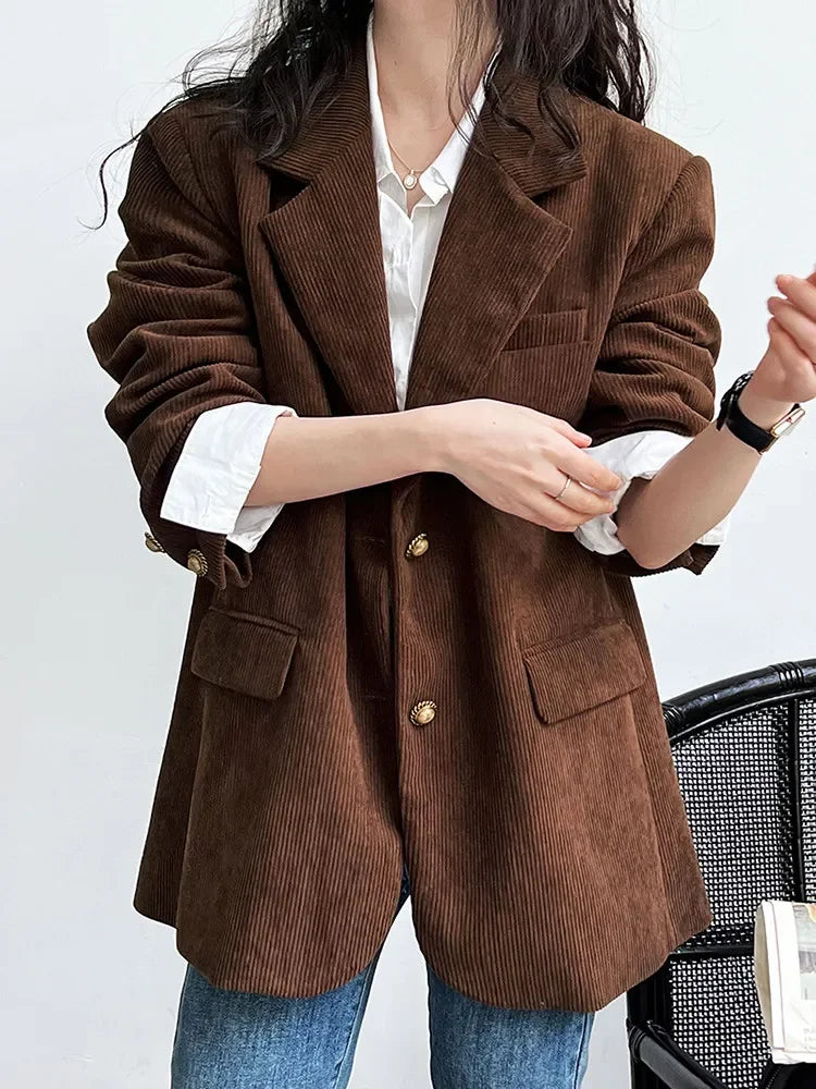 Blazer de Veludo Cotelê Marrom com Botões Vintage Raffiné Lenogue