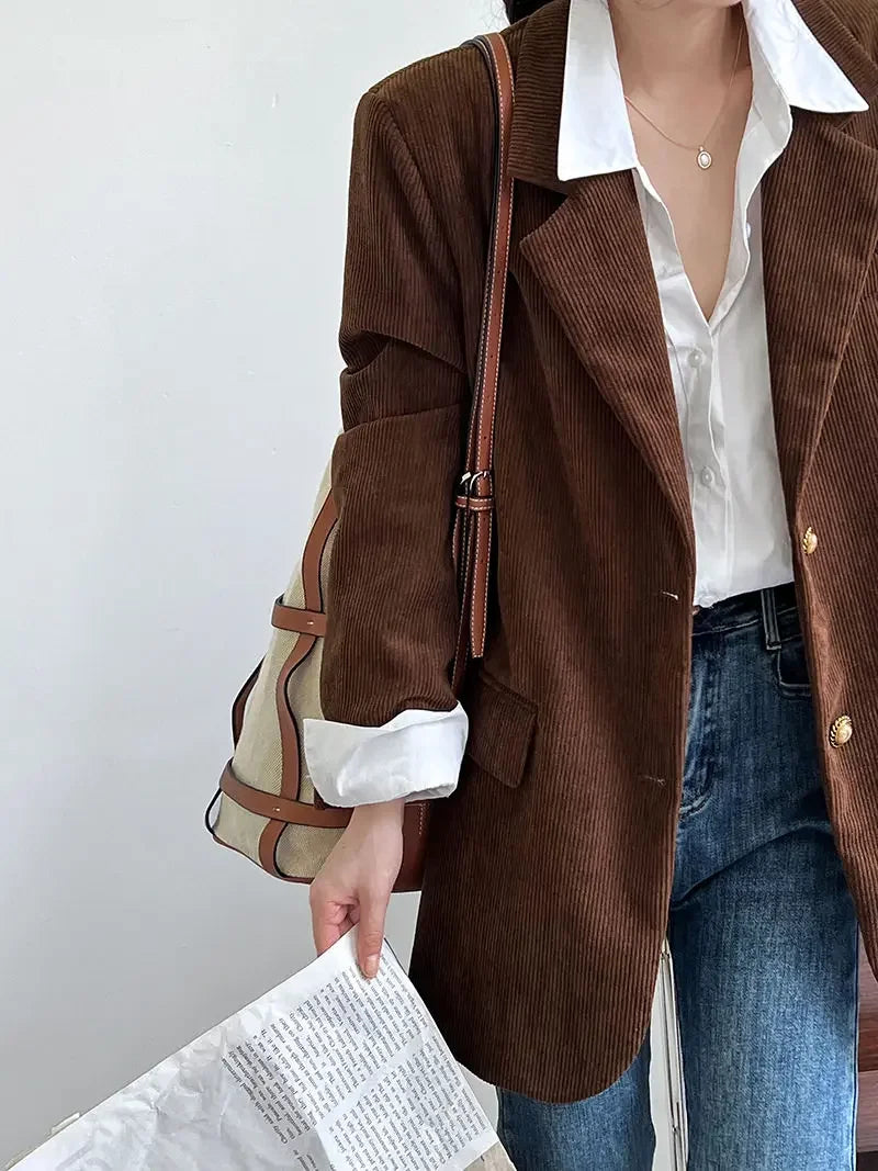 Blazer de Veludo Cotelê Marrom com Botões Vintage Raffiné Lenogue