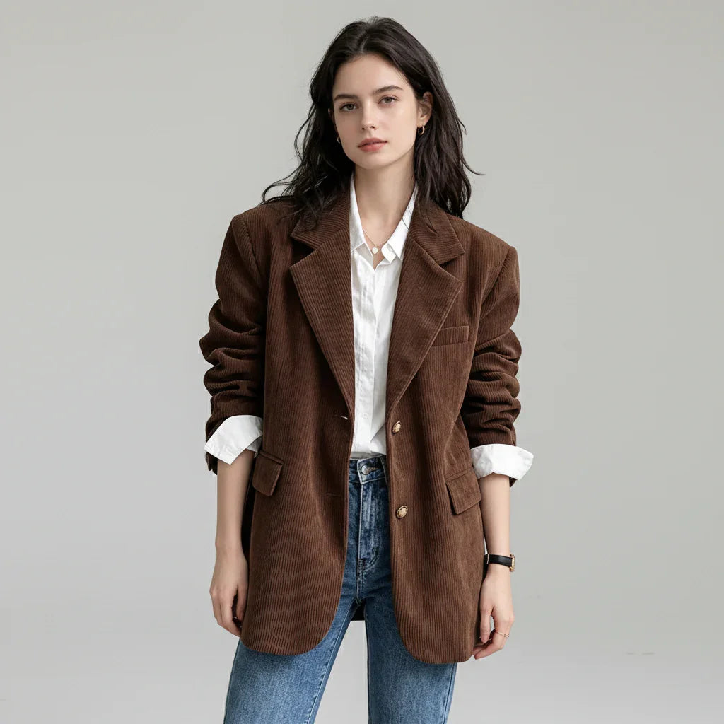Blazer de Veludo Cotelê Marrom com Botões Vintage Raffiné Lenogue / p
