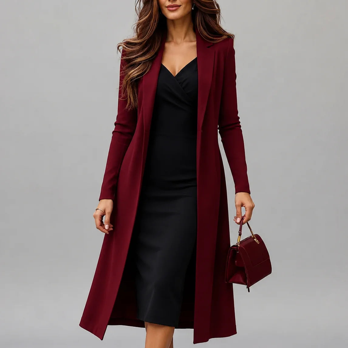 Blazer Longo Midi Open Front Decote v Manga Longa Chic Lenogue