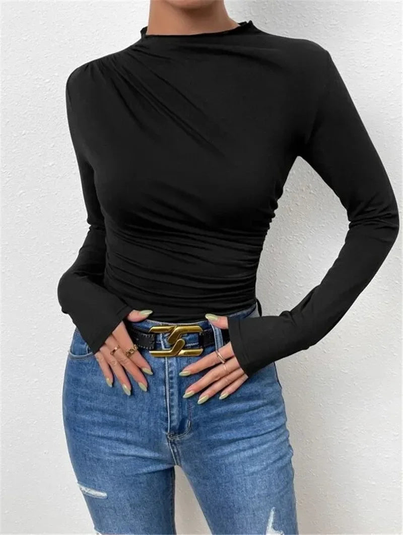 Blusa Básica Gola Redonda Manga Longa Malha com Elastano Lenogue Preto / p