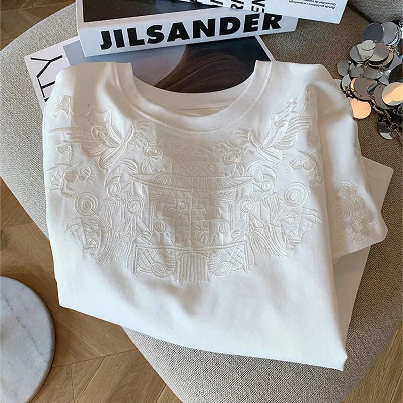 Blusa Casual de Algodão com Bordado Branco Lenogue