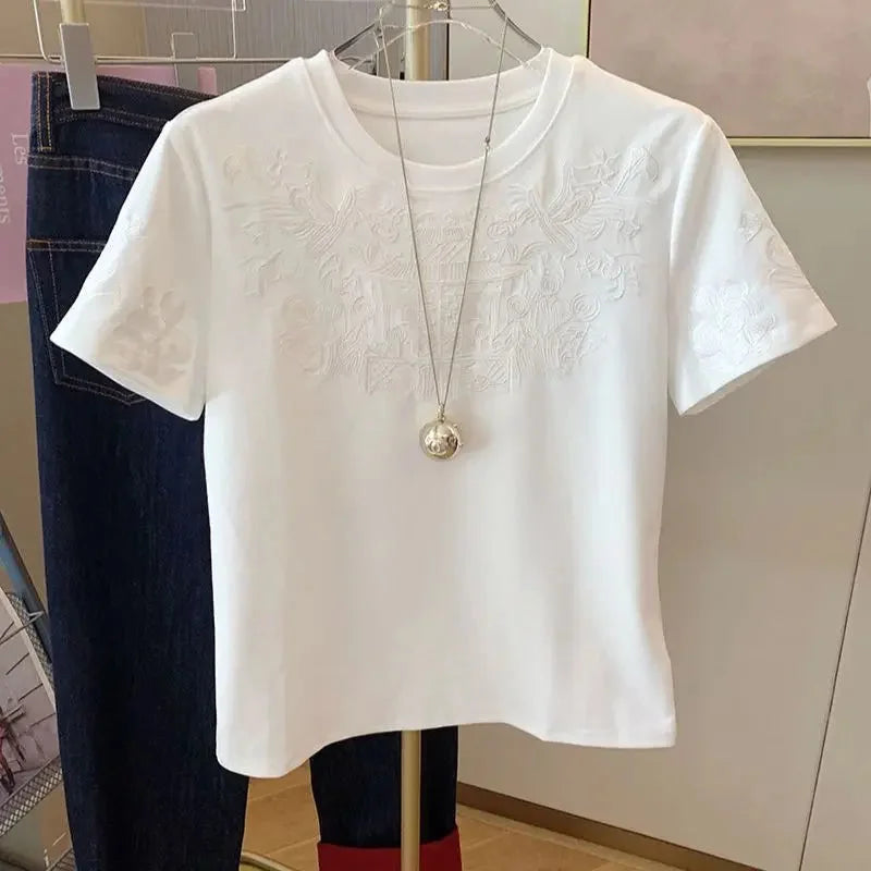 Blusa Casual de Algodão com Bordado Branco Lenogue