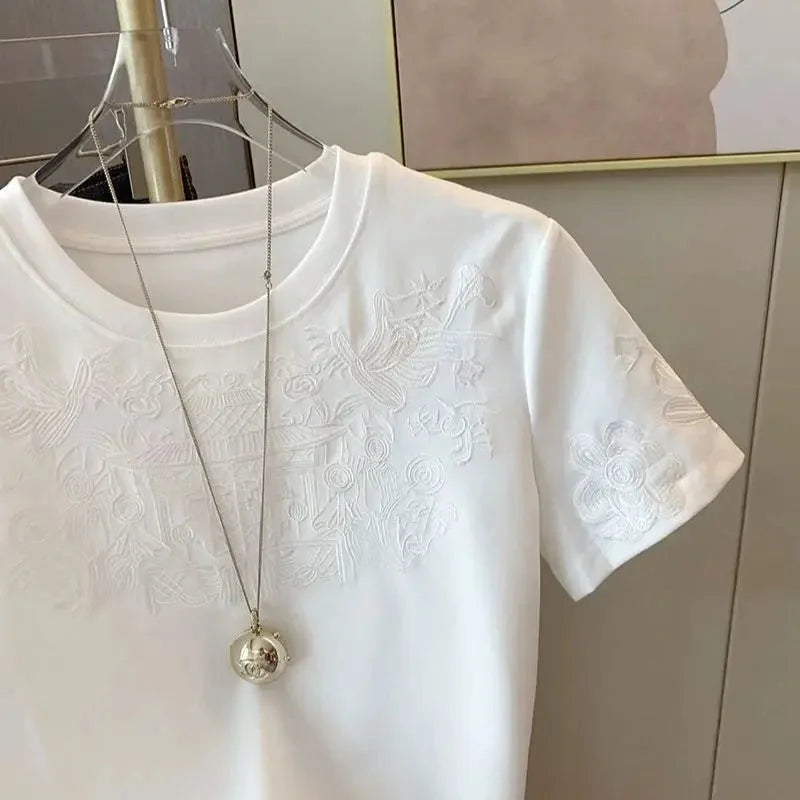 Blusa Casual de Algodão com Bordado Branco Lenogue
